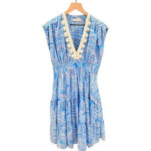 Megan Park Silk Boho Midi Dress Blue Print Beaded Neckline M